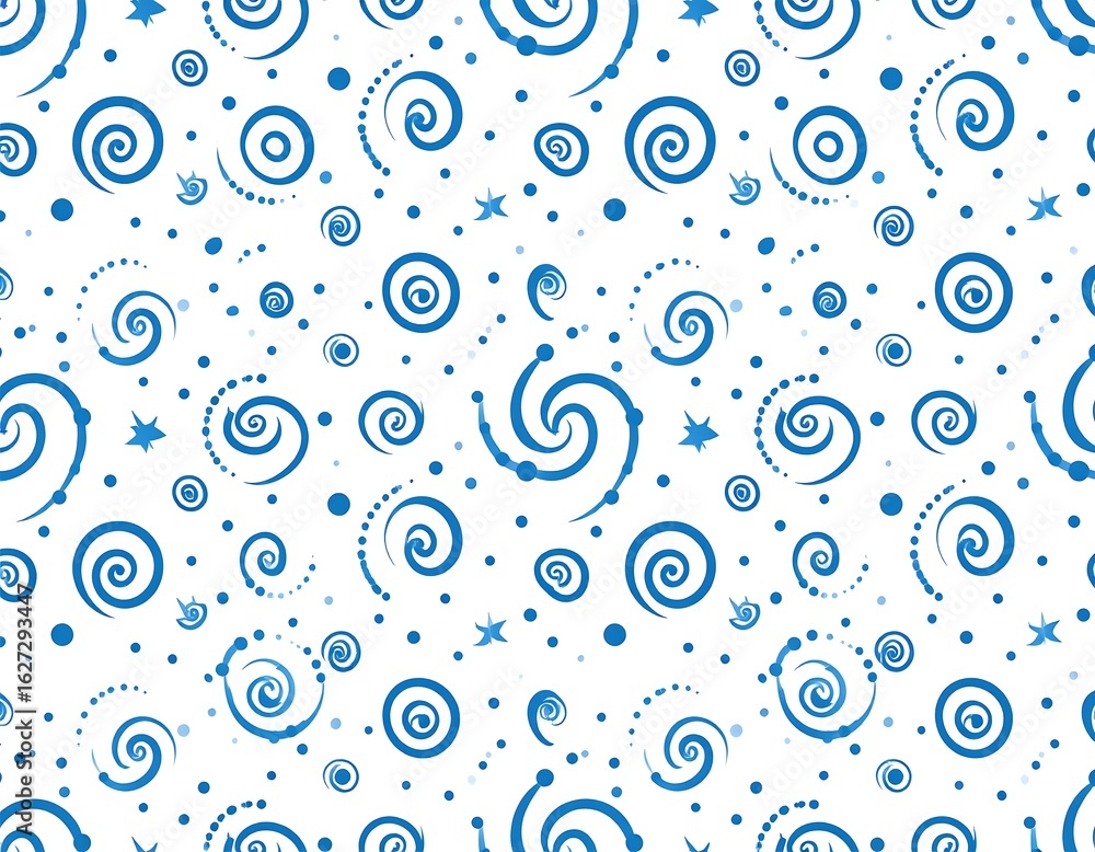 Abstract seamless pattern with spirals dots and stars in blue color scheme Abstract seamless pattern with spirals dots and stars in blue color scheme