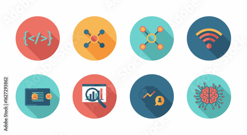 A set of modern flat design icons with long shadows for technology, data, AI, and business analytics.