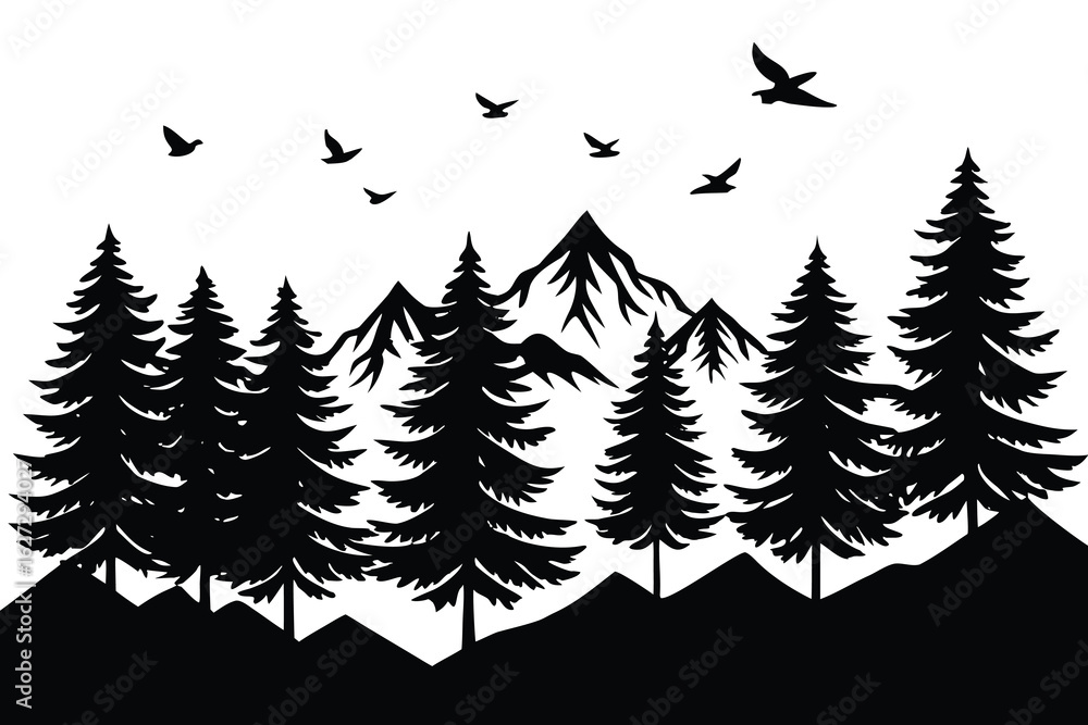 Fototapeta premium Black Silhouette of Mountains and Pine Trees with Flying Birds Against White Background