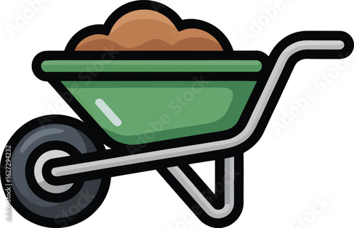 Green Wheelbarrow Filled With Soil Vector Illustration In Flat Style For Gardening Landscaping Construction And Agriculture Design
