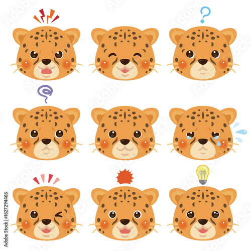 チーターのイラストセット　顔表情のみ