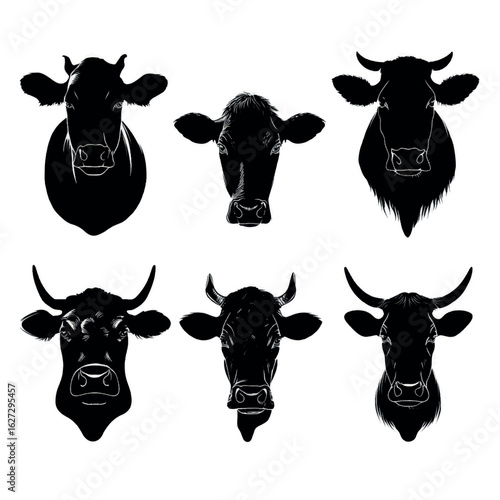 vector illustration of cow face silhouette set, Black & White silhouette set 