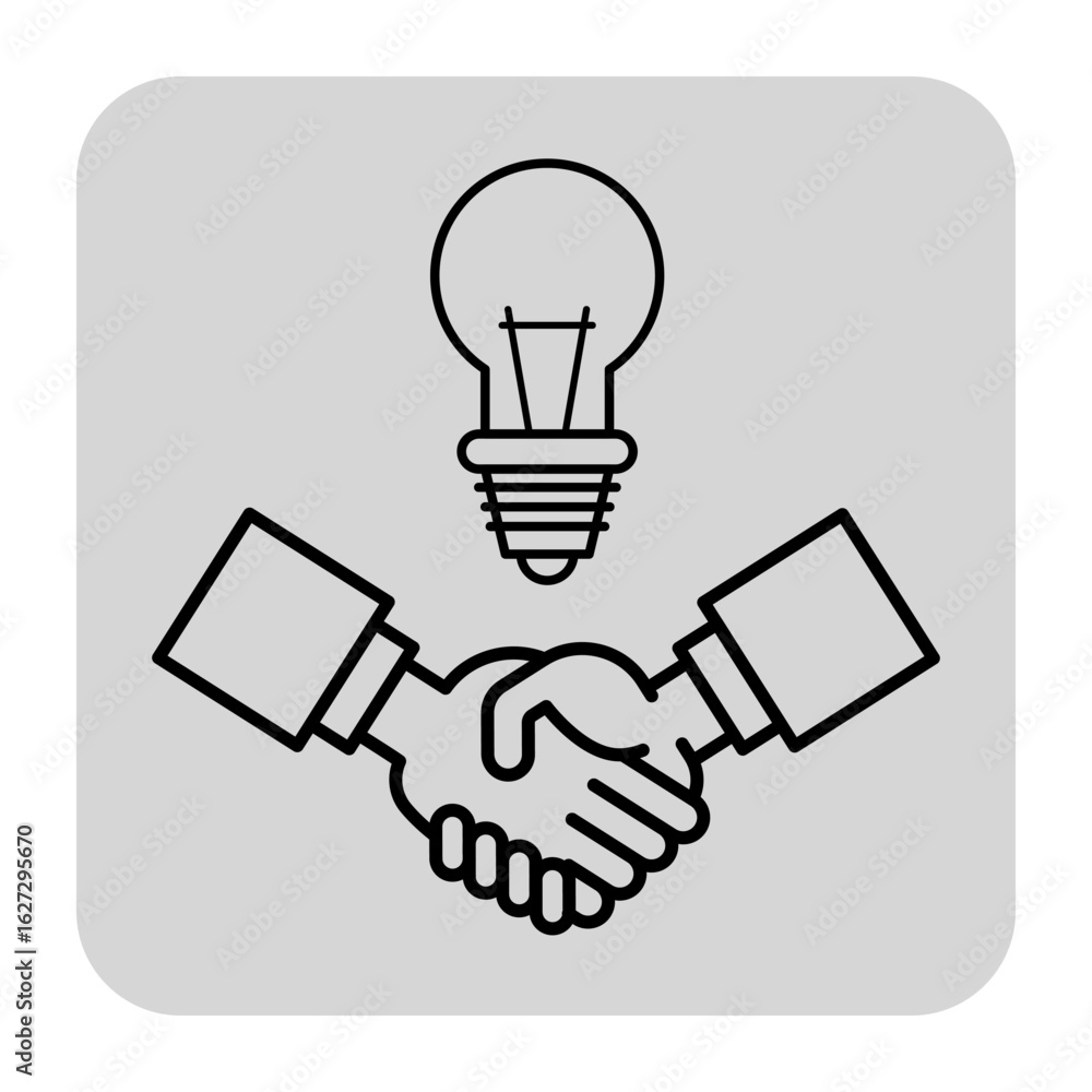 Fototapeta premium Two hands shaking in gesture of agreement, positioned beneath light bulb. Collaboration, innovation, and sharing of ideas concept