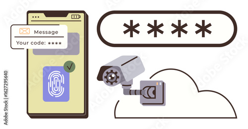 Smartphone with thumbprint scanner, message verification code, surveillance camera, and cloud representing cybersecurity. Ideal for data protection, privacy, cloud security, surveillance systems