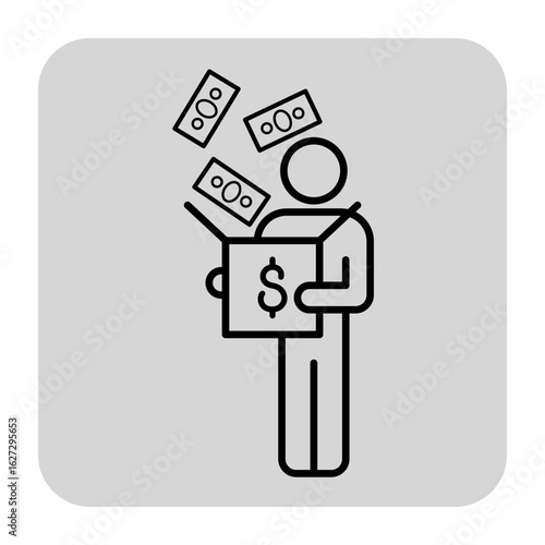 Figure standing with open box. Dollar bills falling in box. Startup and funding concept