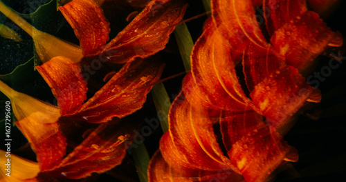 Kaleidoscope nature. Fractal flower. Defocused red orange green color lily plant pistils leaves liquid bubbles on abstract dark black art background.