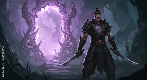 Warrior with Dual Swords Stands Before a Mystical Portal.