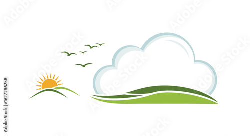 Serene sunrise and cloudscape: A harmonious blend of nature's elements in a minimalist vector design showcasing open space