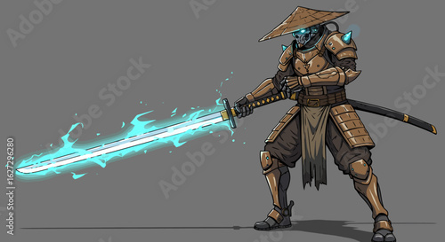 Robotic Samurai Warrior with Glowing Sword and Straw Hat.