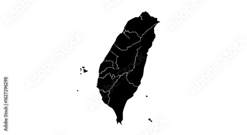 Detailed Black and White Silhouette Map Depicting Taiwan's Geographical Boundaries and Internal Divisions with Minimalist Aesthetic