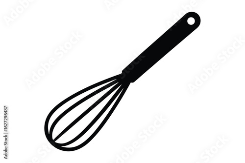 Black Wire Whisk Isolated on White Background, Culinary Utensil Icon Silhouette