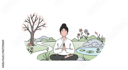 Contemplative illustration of a woman meditating in a serene garden landscape for wellness concepts