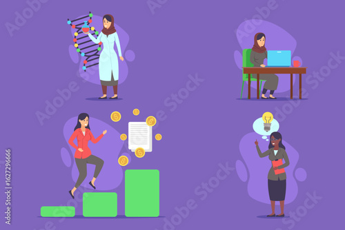 Wallpaper Mural Illustrations of women engaged in various professional activities, from scientific research to business development. Each character representing unique role in diverse fields of study and work Torontodigital.ca