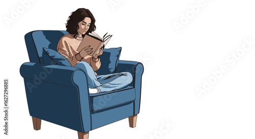 Woman Reading in an Armchair: A Moment of Solitude and Literary Escape Illustration Depicting Tranquility