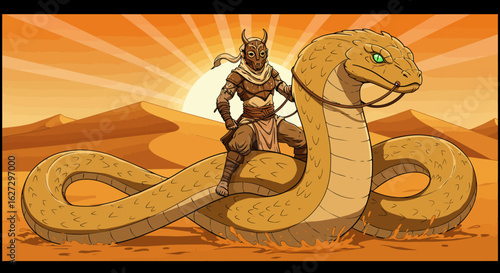 Desert Rider: Horned Figure Astride a Giant Snake in Sandy Landscape.