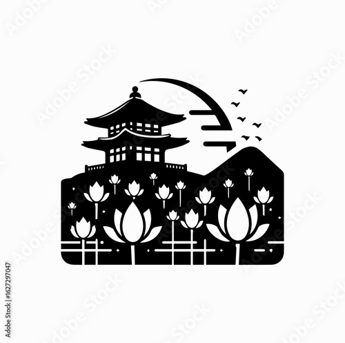 Minimalist Black Vector Logo of Korean Temple with Floating Lotus Lanterns Isolated on White Background	