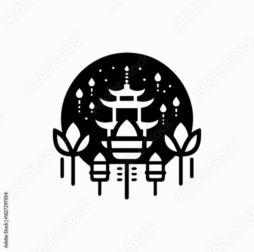Minimalist Black Vector Logo of Korean Temple with Floating Lotus Lanterns Isolated on White Background	