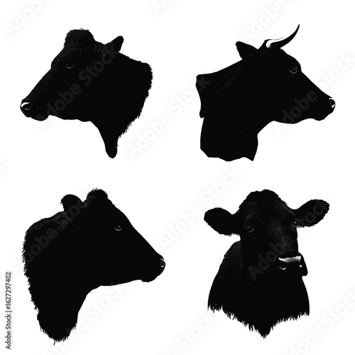vector illustration of cow head silhouette set, Black & White silhouette set 
