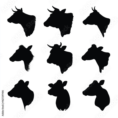 vector illustration of cow head silhouette set, Black & White silhouette set 