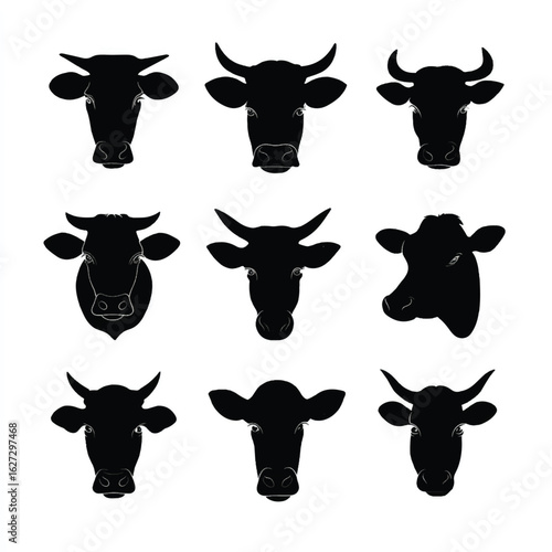 vector illustration of cow head silhouette set, Black & White silhouette set 
