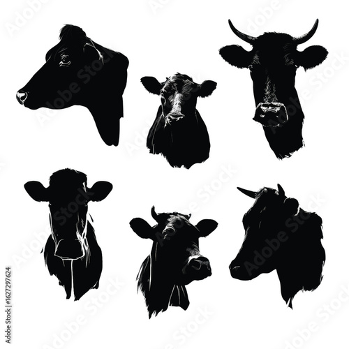 vector illustration of cow head silhouette set, Black & White silhouette set 