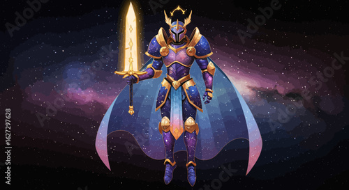 Cosmic Knight with Golden Sword and Celestial Armor in Space.