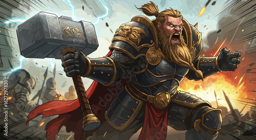Fierce Warrior with Hammer in Battle Armor Ready for War.