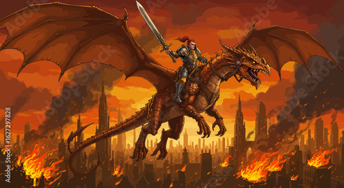 Armored Knight Riding a Dragon over Burning City.