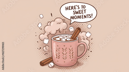 A cozy pink mug filled with hot chocolate topped with marshmallows and a cinnamon stick with a speech bubble saying here s to sweet moments