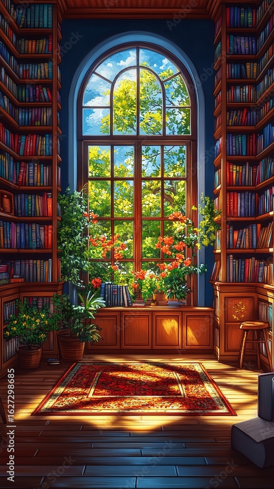 Obraz premium Sunny library interior with large window.