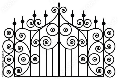 Decorative Wrought Iron Gate with Circles and Spirals Black and White Illustration