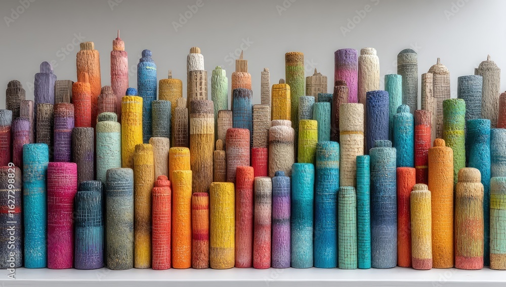 Colorful book spines arranged as a cityscape Colorful book spines arranged as a cityscape