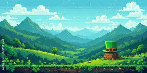  Retro St. Patrick s 8 bit Green Landscape with Leprechaun Hat Pixel and Shamrock Sprites for Gaming Nostalgia