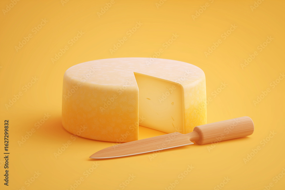 Fototapeta premium A wheel of cheese with a cut piece and a wooden knife