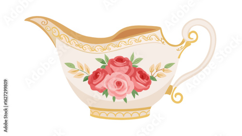 Vintage ceramic sauce boat with floral design isolated on white background, an elegant and ornate tableware for serving gravy and sauces at the table