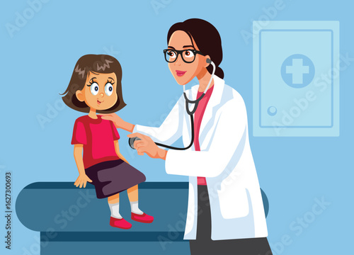 Pediatrician Doctor Consulting her Little Patient Vector Cartoon. Happy child having a full recovery being checked in the hospital by healthcare expert 
