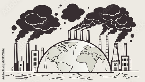 Global warming pollution concept showing industrial emissions and climate change effects on earth