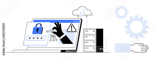 Laptop displaying locked padlock, hand holding keys, cloud, warning sign, server, and cogs. Ideal for cybersecurity, data protection, hacking online threats IT systems secure access and risk