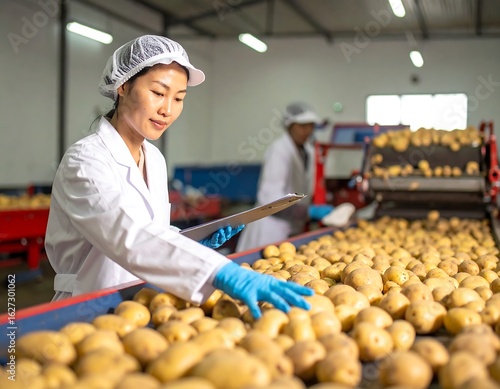 Asian quality control expert overseeing the potato processing line in factory