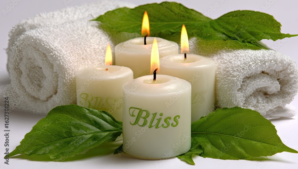 Rolled white towels, small candles with green leaves, and the word Rolled white towels, small candles with green leaves, and the word