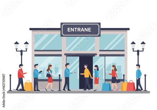 People entering a shopping mall illustration showing a vibrant commercial scene