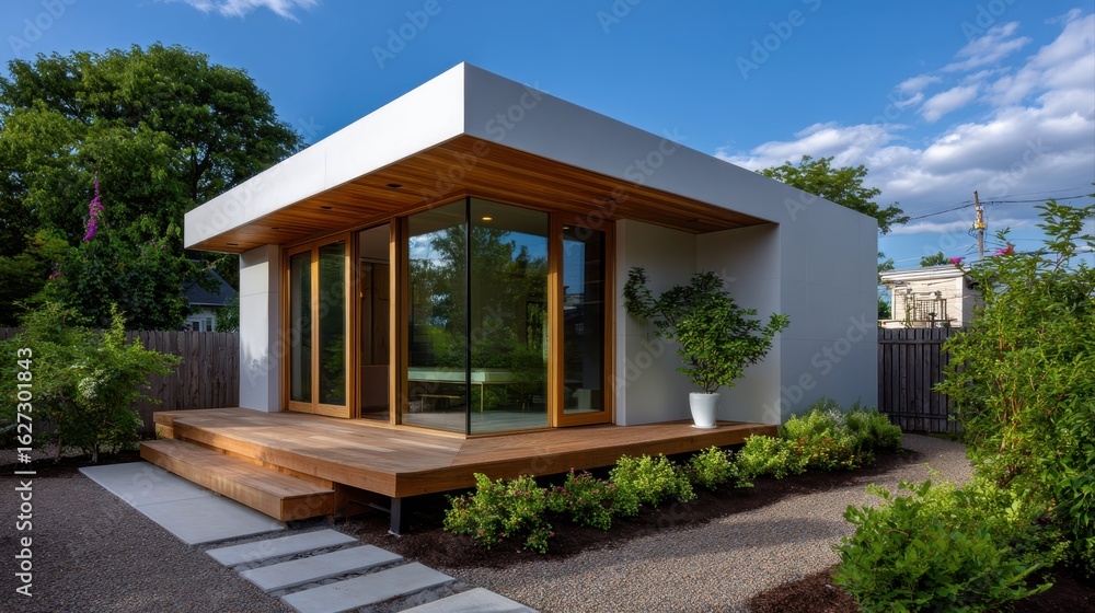 Accessory dwelling unit concept. Modern minimalist house with large windows and wooden deck surrounded by greenery. Accessory dwelling unit concept. Modern minimalist house with large windows and wooden deck surrounded by greenery.