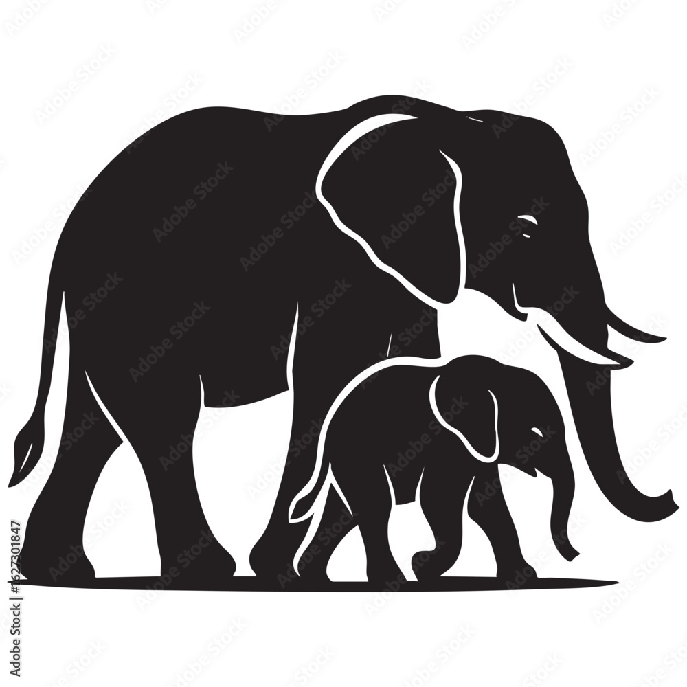Fototapeta premium Elephant and Calf Silhouette Family Bond Vector for World Elephant Day