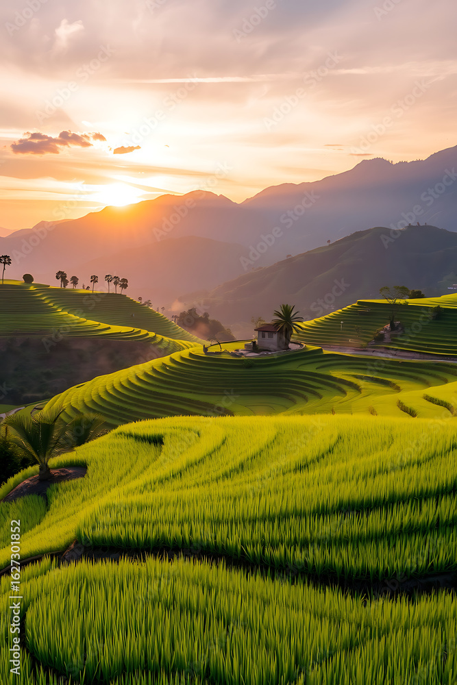 Obraz premium Sun setting over vibrant green terraced rice fields and distant mountains.