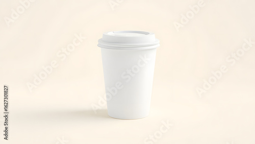 Wallpaper Mural A single plain white disposable coffee cup with a matching lid, presented as a blank template on a solid light beige background. Torontodigital.ca