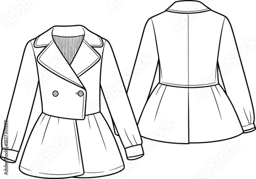 Double breasted peplum coat CAD drawing, flat vector fashion illustration, women's winter outerwear template, technical sketch front and back