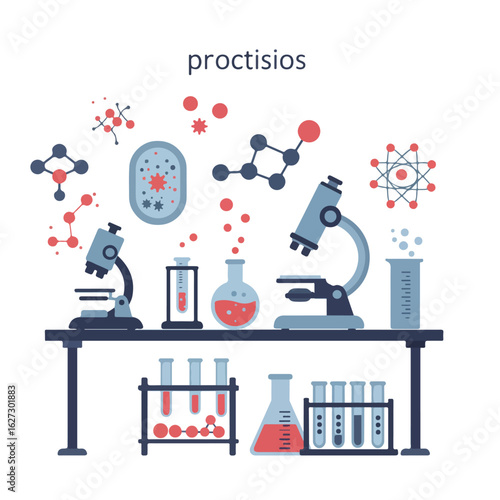 Scientific laboratory equipment with molecules and test tubes in a research setting