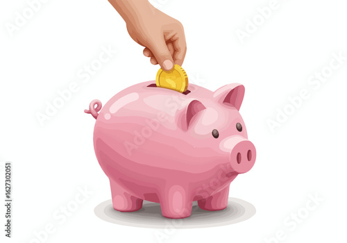 Hand putting a gold coin into a pink piggy bank symbolizing savings and financial planning for