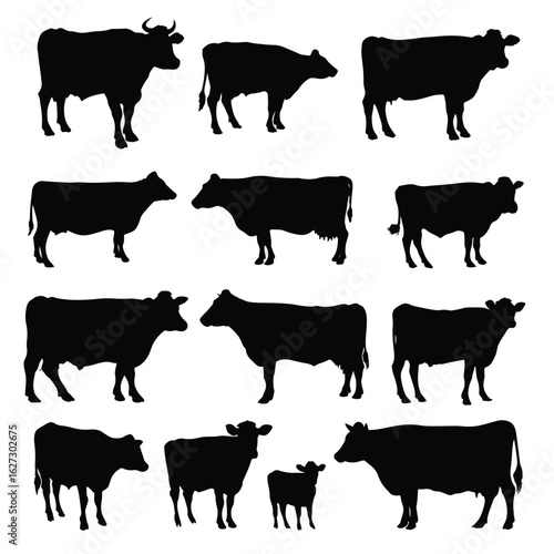 vector illustration of cow silhouette set, Black & White silhouette set 