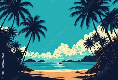  Vintage Island Paradise A Classic View of Trees and Sky Mid Century Modern Design with Graphic Shapes and a Nostalgic Feel